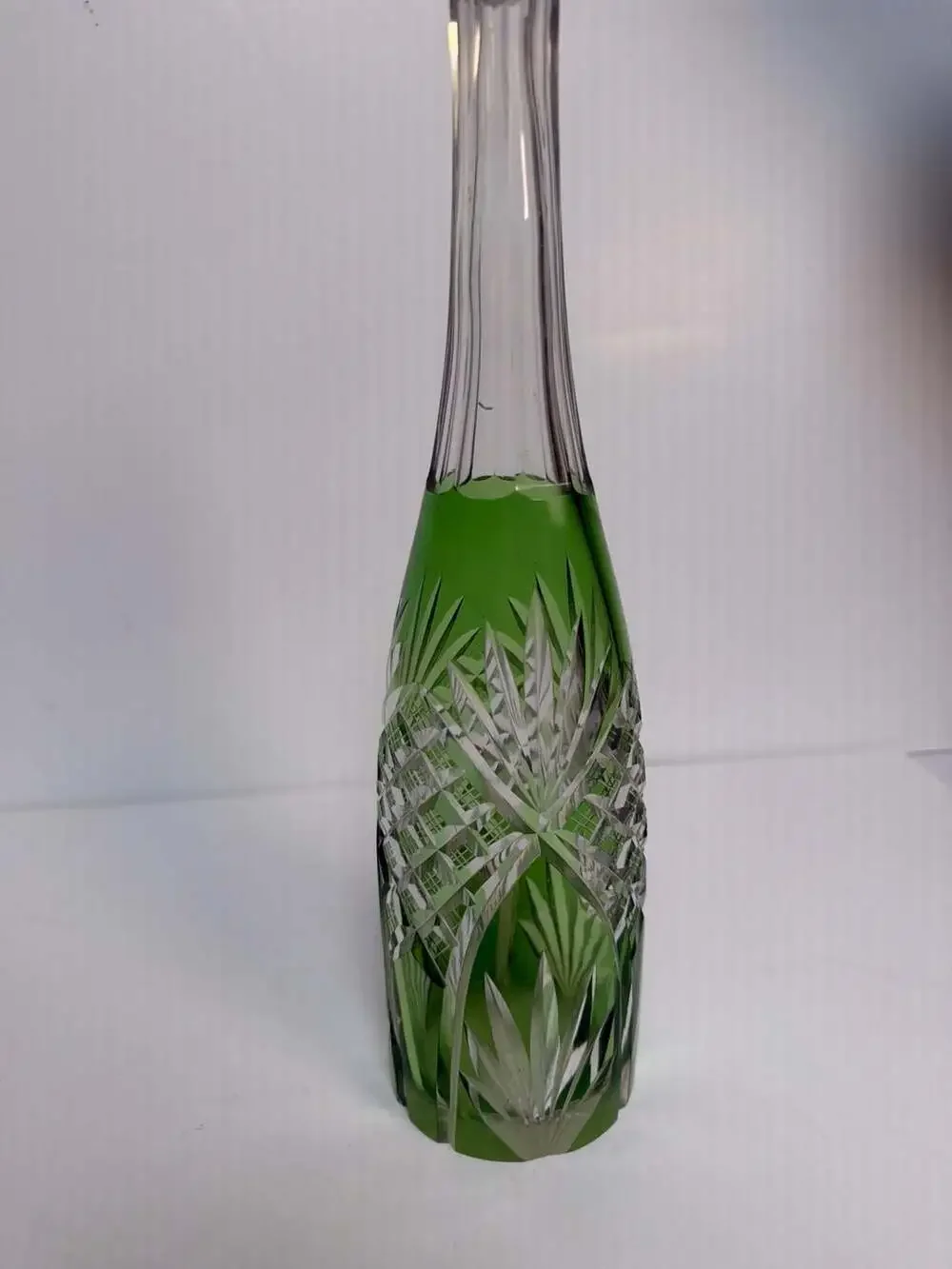 Vintage Bohemian Green Cut-to-Clear Crystal Decanter
